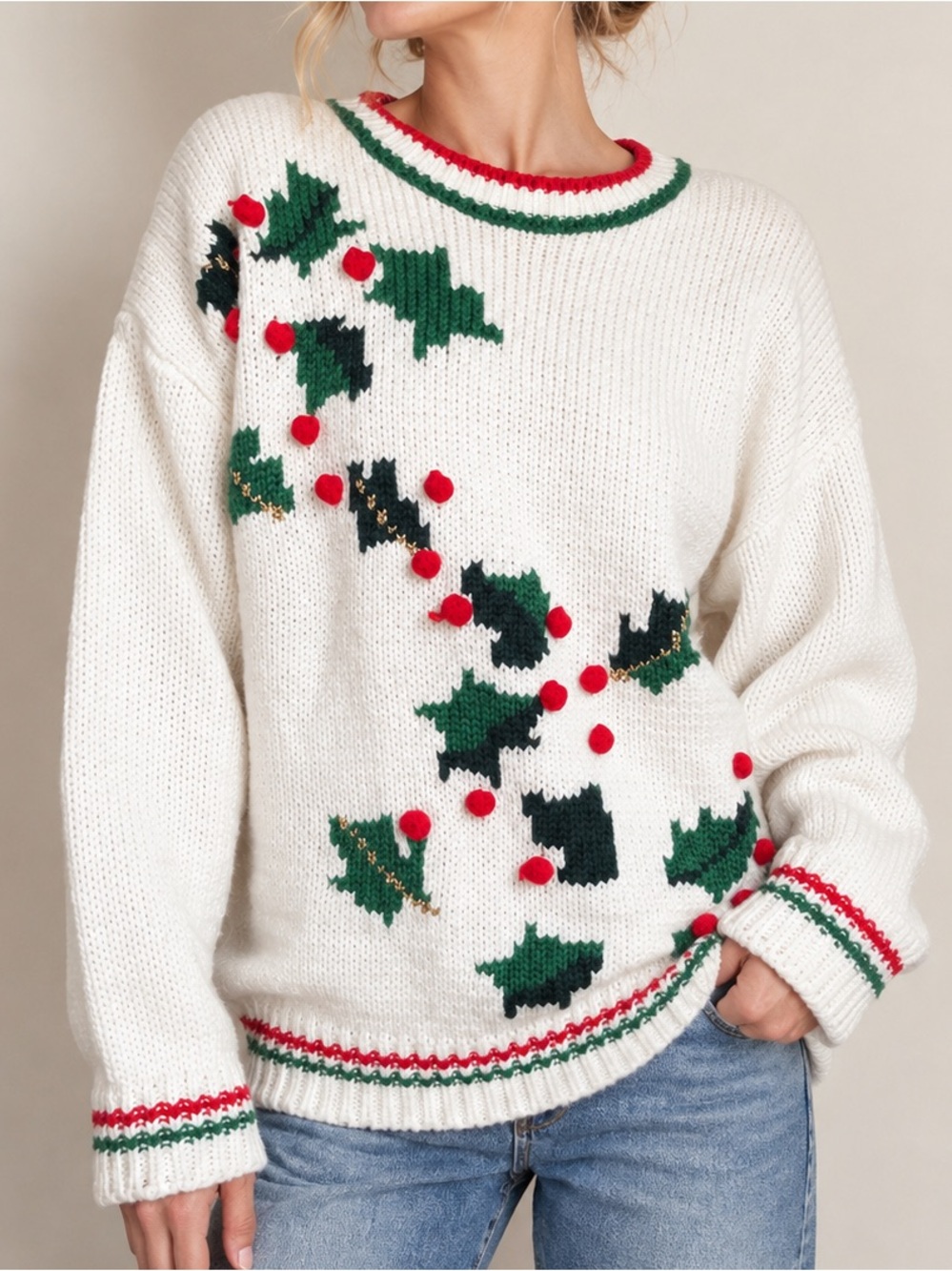 Vintage Late 1980s Hasting & Smith Holly Ivory Red Green Christmas Sweater Large
